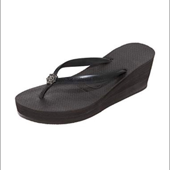 havaianas black wedge flip flops